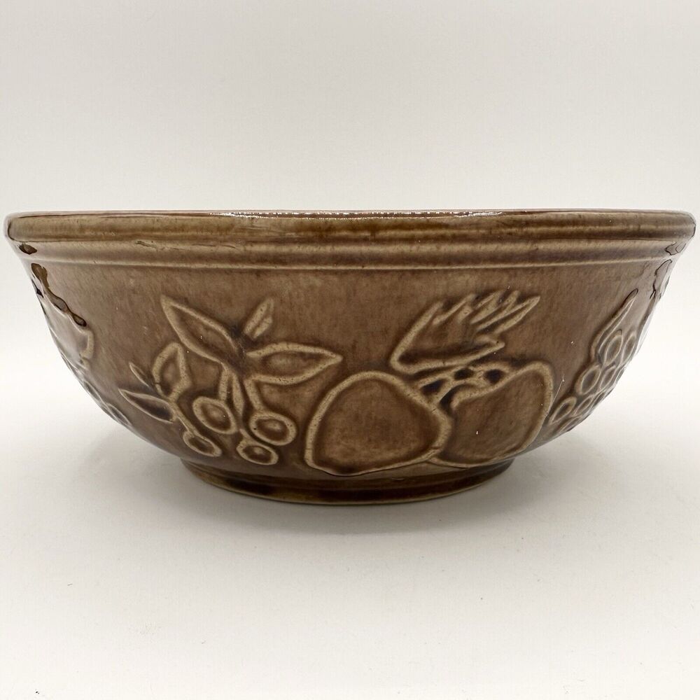 Vintage Stoneware Mixing Bowl USA Golden Brown Embossed Fruit Design 3.5 “ X 9”
